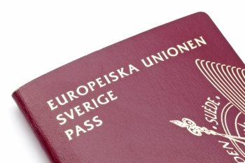 Swedish passport closeup on white background