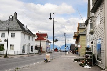 A street of a small norvegian village Vik  situated in fjords Norway
