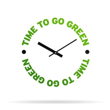 High resolution clock with the words time to go green on white background