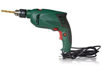 Electric drill with cord and attached metal bit