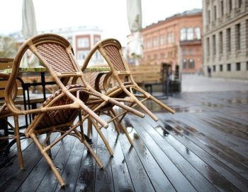 Empty street cafe in Riga  Latvia