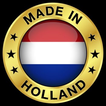 Made in Holland gold badge and icon with central glossy Netherlands flag symbol and stars Vector EPS 10 illustration isolated on black background