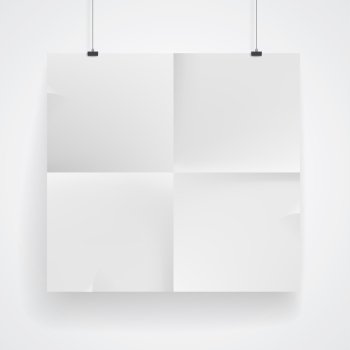 Blank paper poster on white wall Place your design and apply Transparency with Multiply blending mode to it Vector eps-10