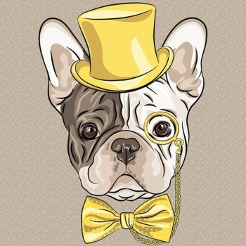 hipster dog French Bulldog breed in a gold hat  glasses and bow tie