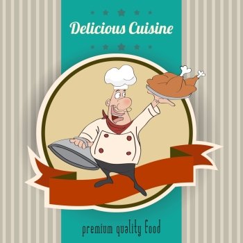 Retro illustration with cook and delicious cuisine message  vector illustration