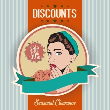 retro illustration of a beautiful woman and discounts message  vector illustration