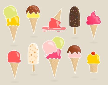 Set of 10 vector ice cream stickers with different toppings Set of 10 vector ice cream stickers