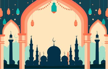 Mosque Silhouette Islamic Eid Al Fitr Festival Card with Copy Space
