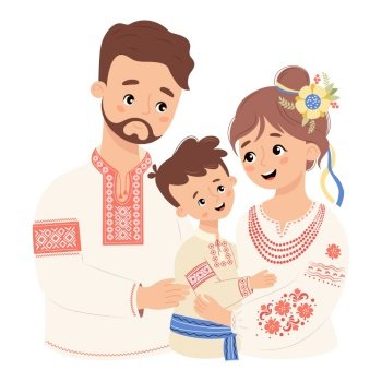 Cute Ukrainian family Happy bearded man father hugs his wife and son in traditional clothes embroidered shirt Vector illustration Festive nation ch