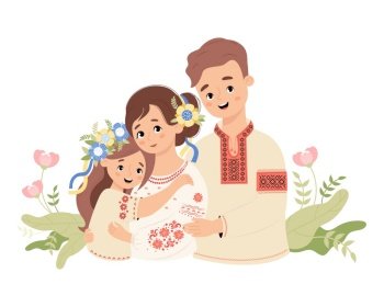 Happy Ukrainian family Cute father  mother and daughter with floral wreath with yellow-blue ribbons in traditional clothes embroidered shirt Vector 