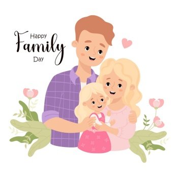 Happy Family Day card Cute man father  with wife mother blonde and daughter in flowers Vector illustration