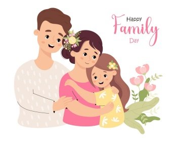 Happy Family Day card Cute man father  with wife and daughter in flowers Vector illustration