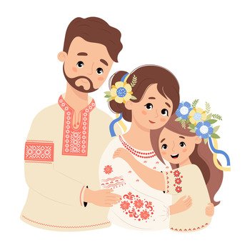 Happy Ukrainian family Cute bearded man dad hugs his wife and daughter tenderly in traditional clothes embroidered shirt vyshyvanka Vector illustrat