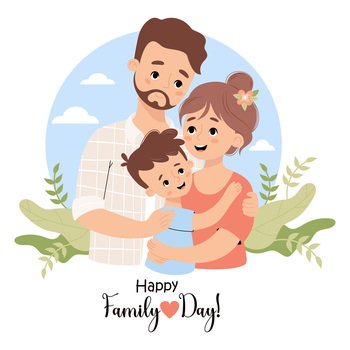 Happy Family Day card Cute bearded man father hugging his brunette wife and son Vector illustration Holiday character family