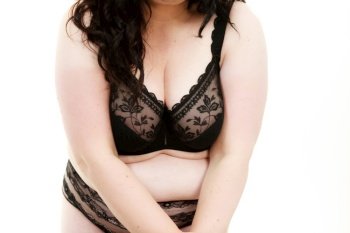 Plus Size Fat Mature Woman Wearing Black Lace Bra Showing Her Big