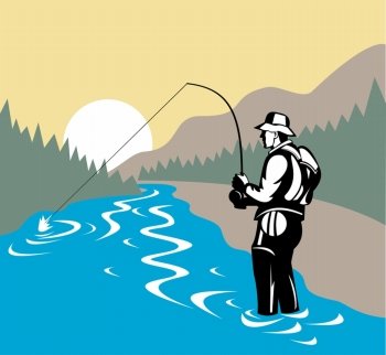 Image Details ING_37831_12413 - illustration of a Fly fisherman fishing  with fly rod and reel with lake and mountains and sunburst in background  and folding chair and camper van in the foreground