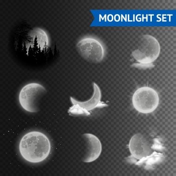 Moon crescent icons. Different shapes of moon. Vector illustration