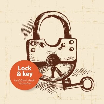 Image Details ING_40150_03102 - Hand drawn sketch vintage lock and key  banner. Vector illustration
