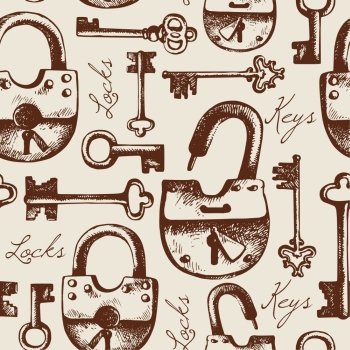 Hand drawn sketch vintage lock and key banner. Stock Vector