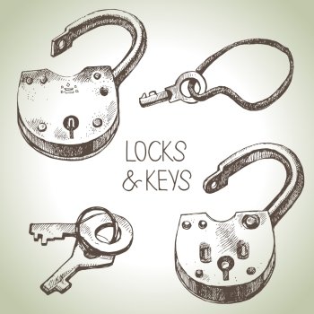 Image Details ING_40150_03102 - Hand drawn sketch vintage lock and key  banner. Vector illustration