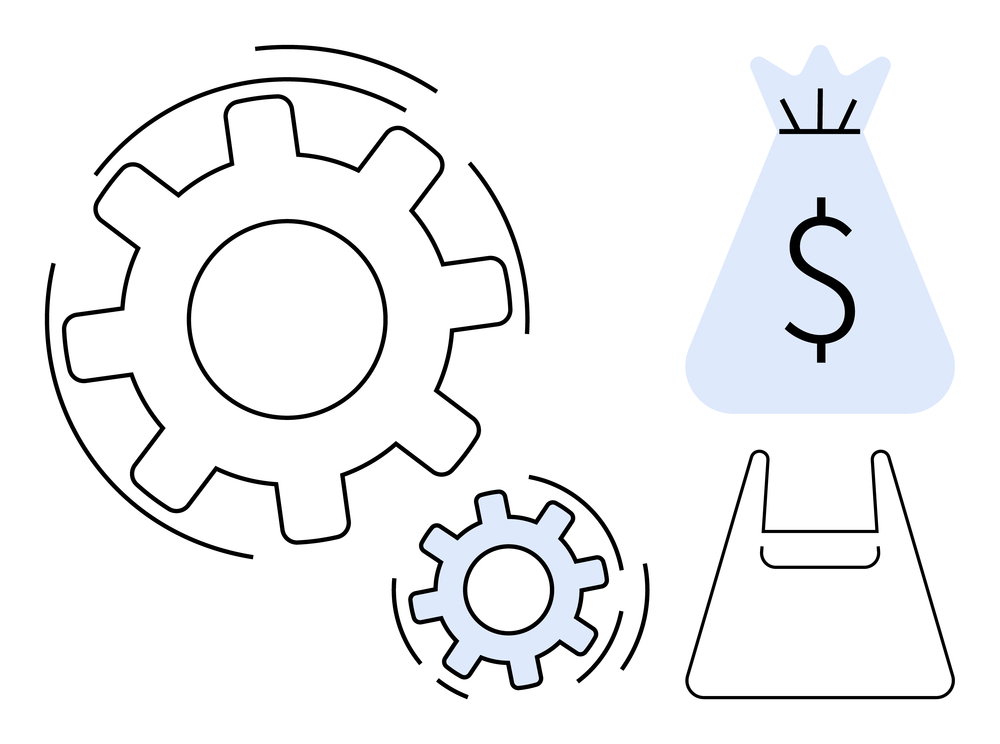 Large and small gears with a dollar sign money bag and shopping bag Ideal for finance business operations investment productivity efficiency eco Large and small gears with a dollar sign money bag and shopping bag Ideal for finance business operations investment productivity efficiency eco
