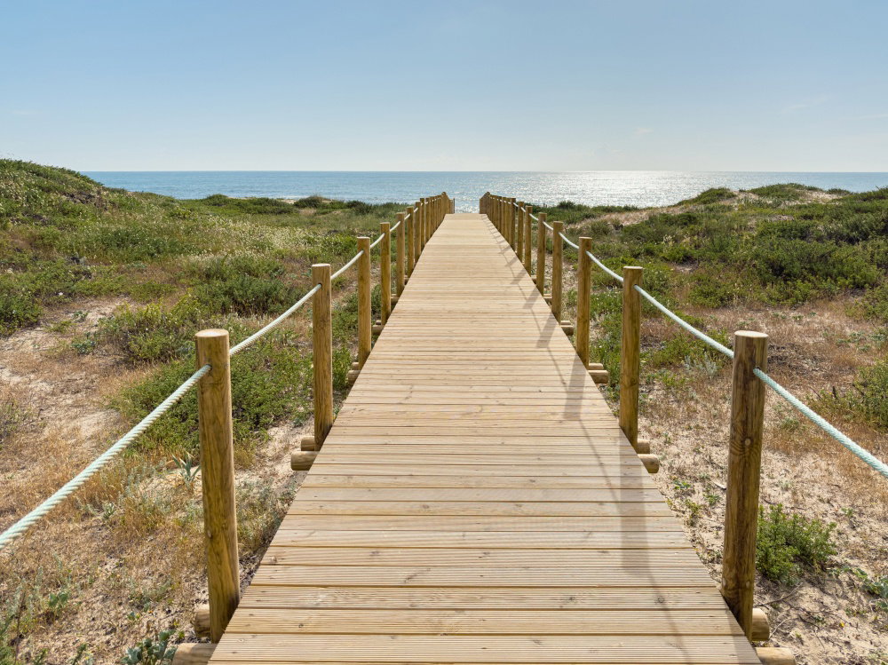 A long wooden boardwalk stretches through green dunes toward the sparkling Atlantic Ocean under a clear blue sky at Miramar Portugal offering a peacef A long wooden boardwalk stretches through green dunes toward the sparkling Atlantic Ocean under a clear blue sky at Miramar Portugal offering a peacef